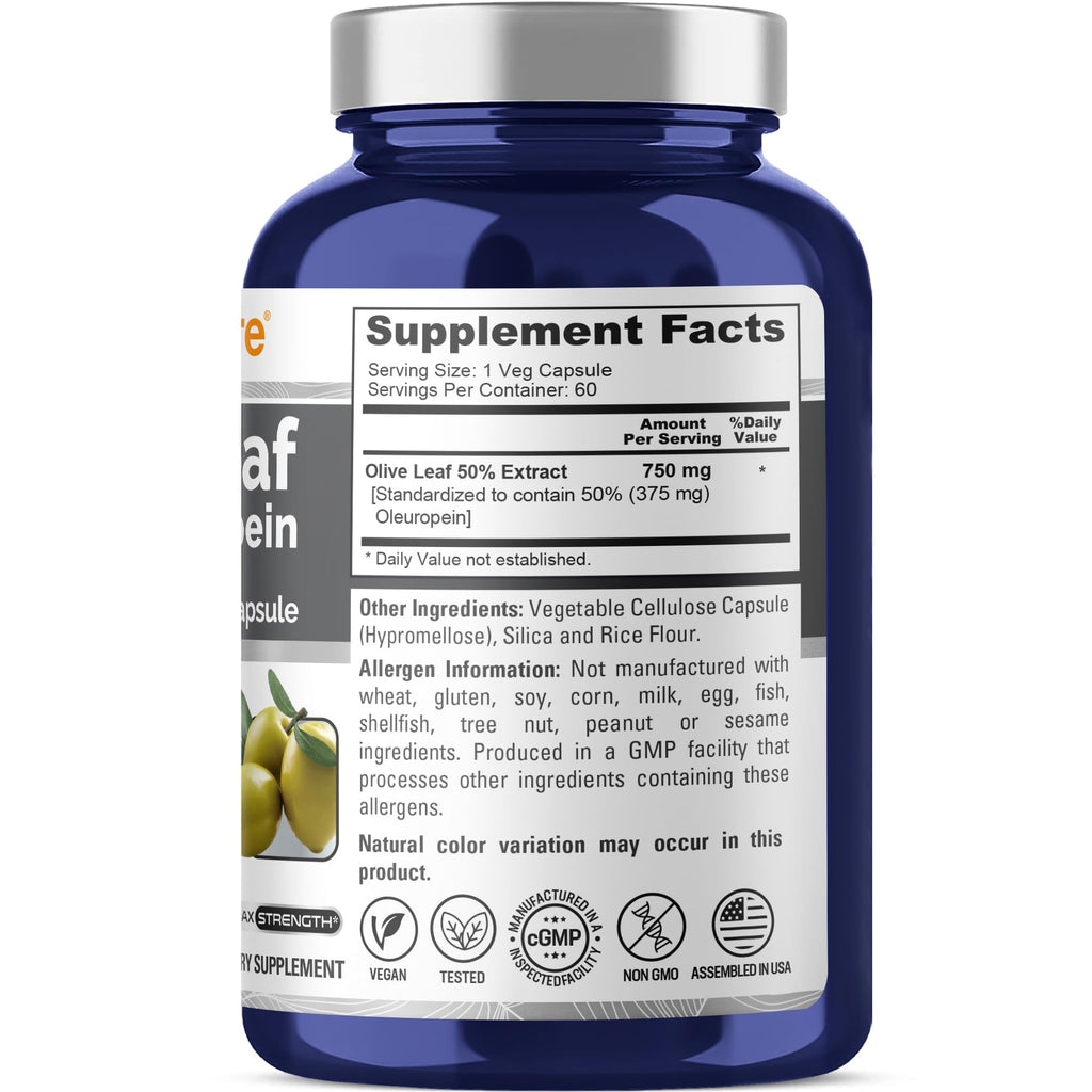 NusaPure Olive Leaf Extract 750 mg - 60 Vegan Capsules | 50% Oleuropein