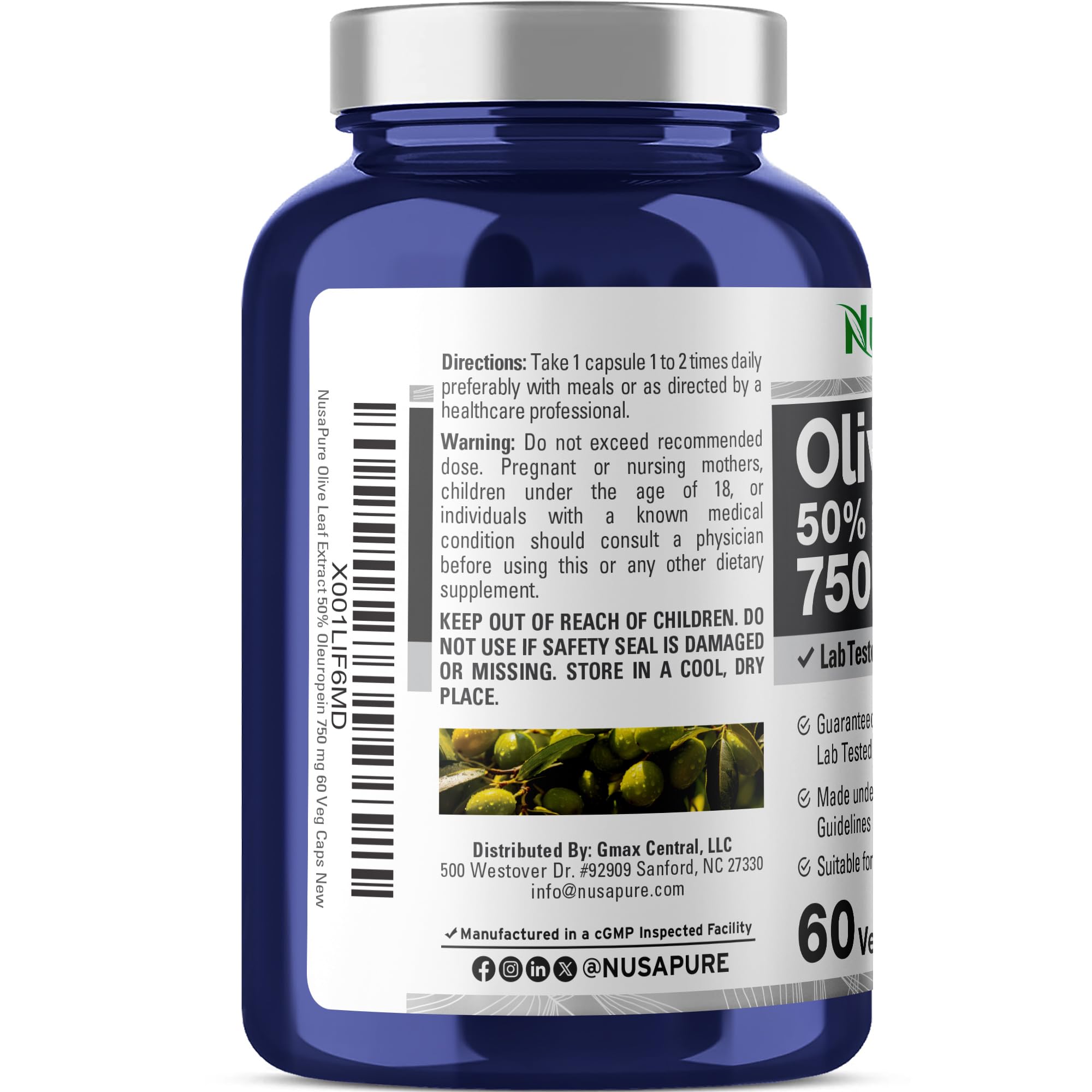 NusaPure Olive Leaf Extract 750 mg - 60 Vegan Capsules | 50% Oleuropein