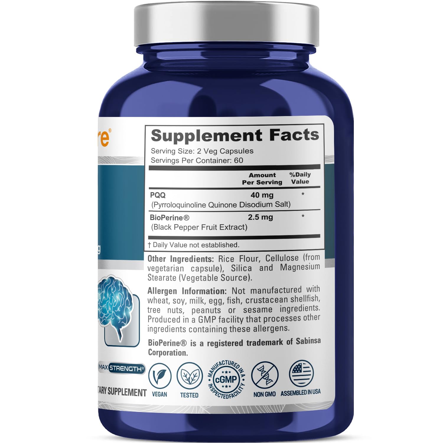 NusaPure PQQ Supplement 40 mg - 120 Veggie Capsules (Non-GMO, Bioperine) Pack of 2
