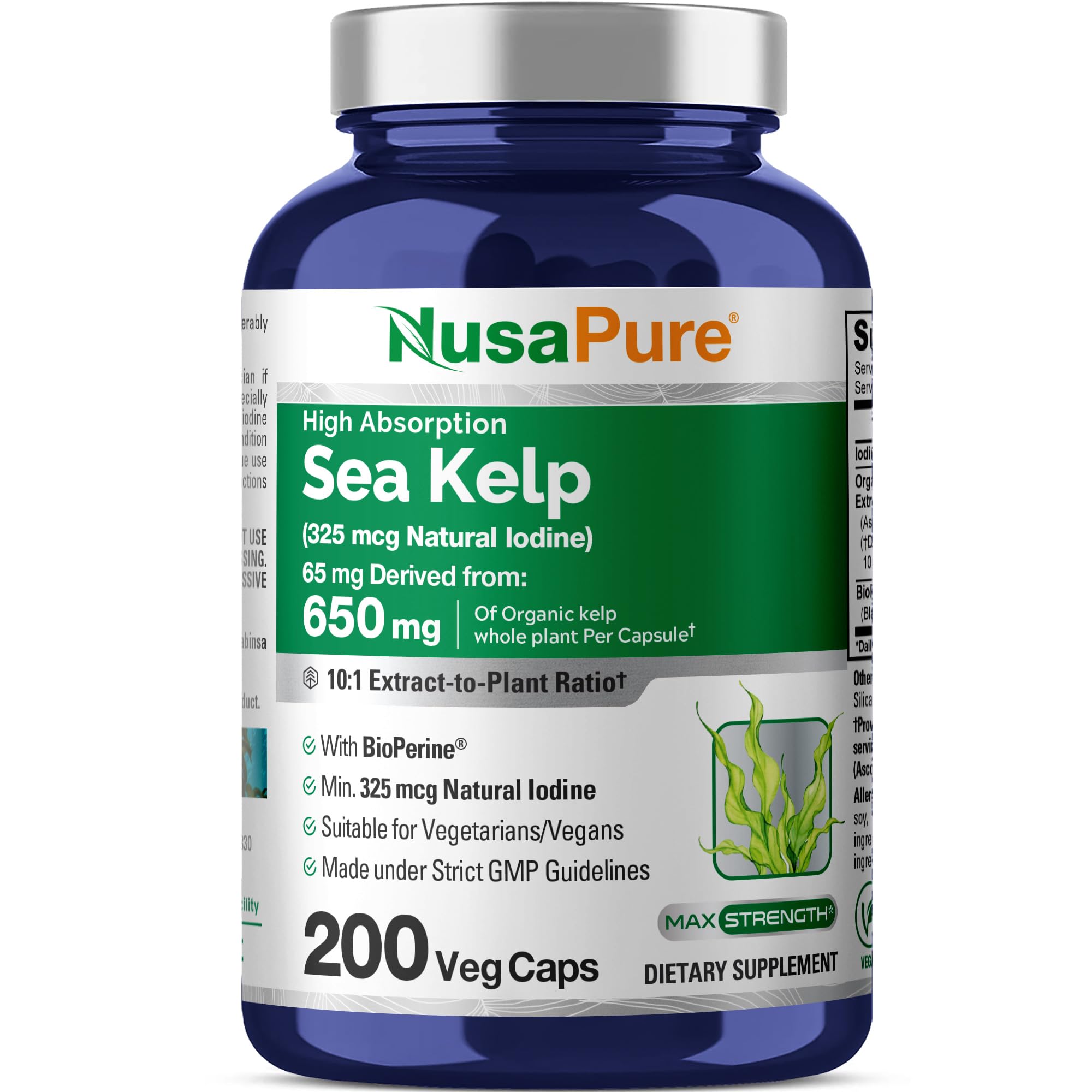 NusaPure Sea Kelp Iodine 325mcg 10:1 Extract - 65 mg (650 mg) Capsule, 200 Count | Non-GMO, Vegan