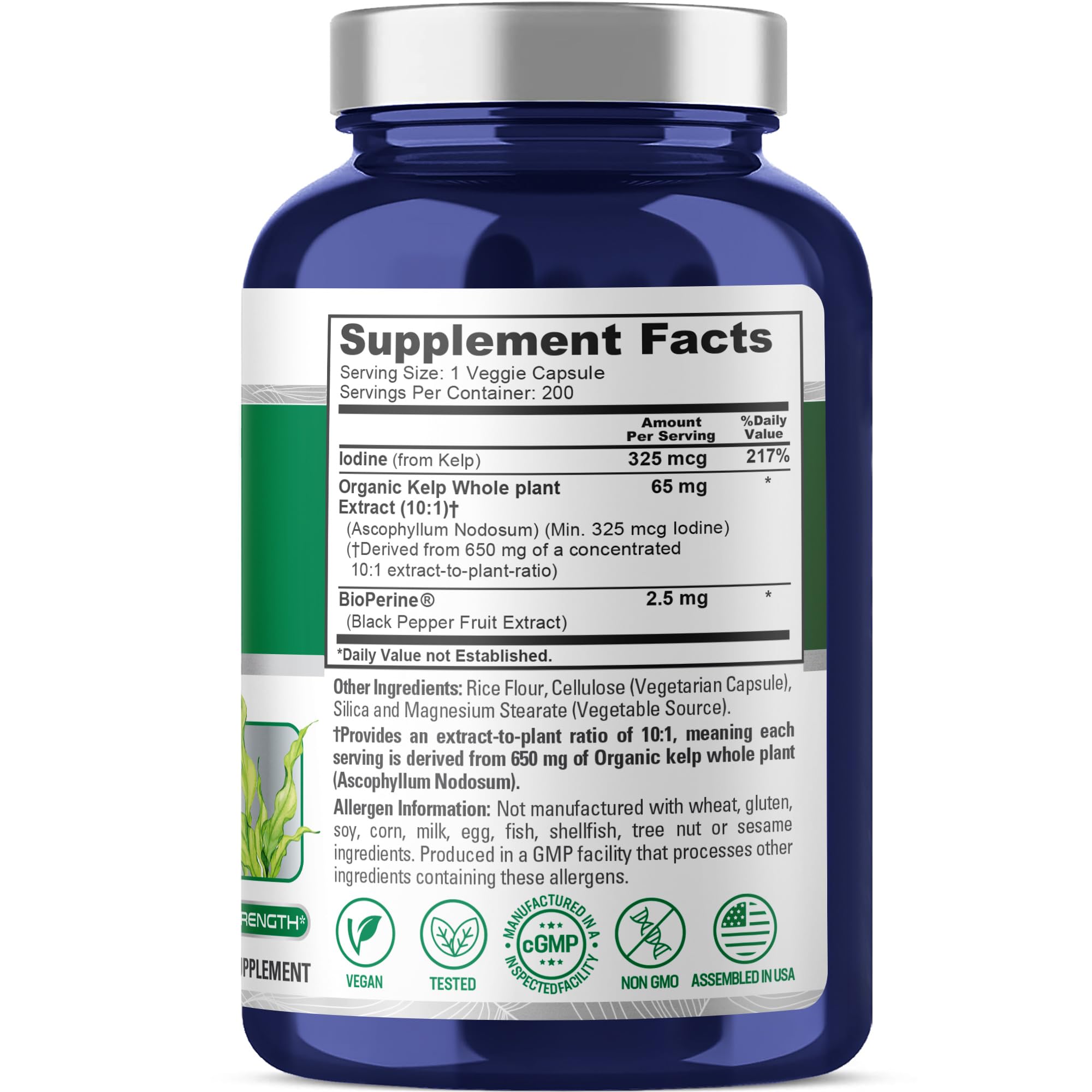 NusaPure Sea Kelp Iodine 325mcg 10:1 Extract - 65 mg (650 mg) Capsule, 200 Count | Non-GMO, Vegan
