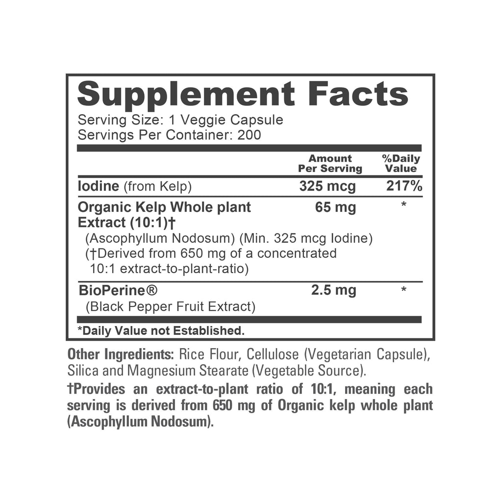NusaPure Sea Kelp Iodine 325mcg 10:1 Extract - 65 mg (650 mg) Capsule, 200 Count | Non-GMO, Vegan