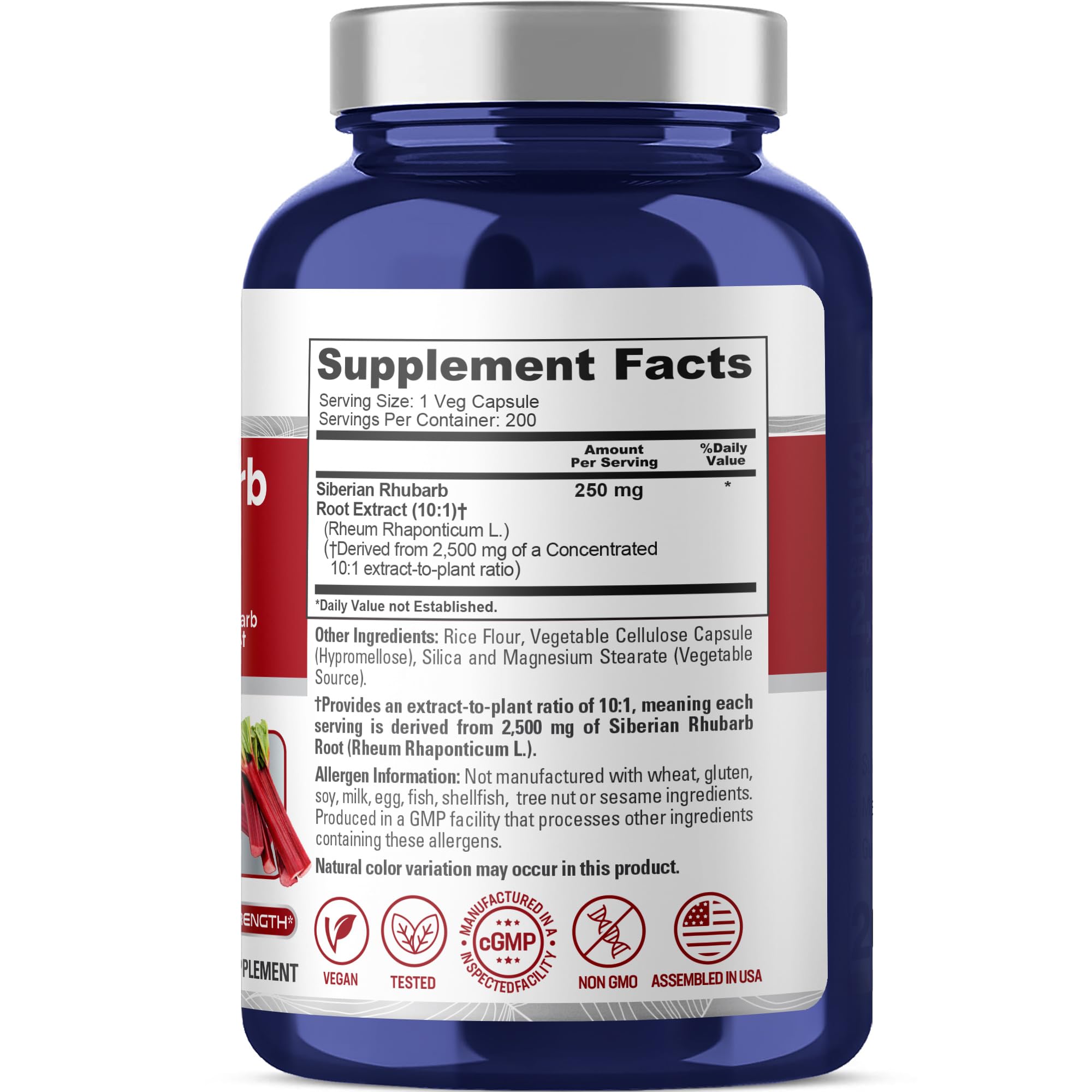 NusaPure Siberian Rhubarb 10:1 Extract – 250 mg per Capsule, 200 Veggie Capsules