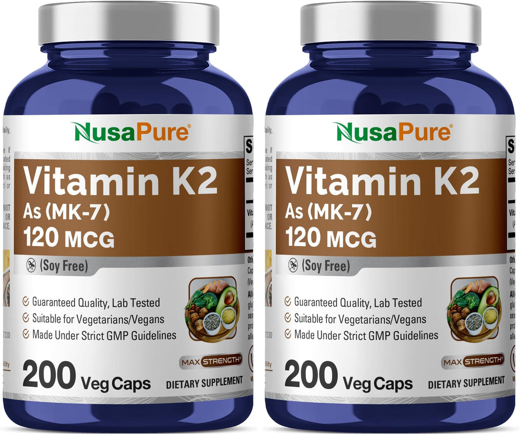 NusaPure Vitamin K2 MK-7 120 mcg – 200 Veggie Caps (Soy Free, Non-GMO, Vegan) Pack of 2