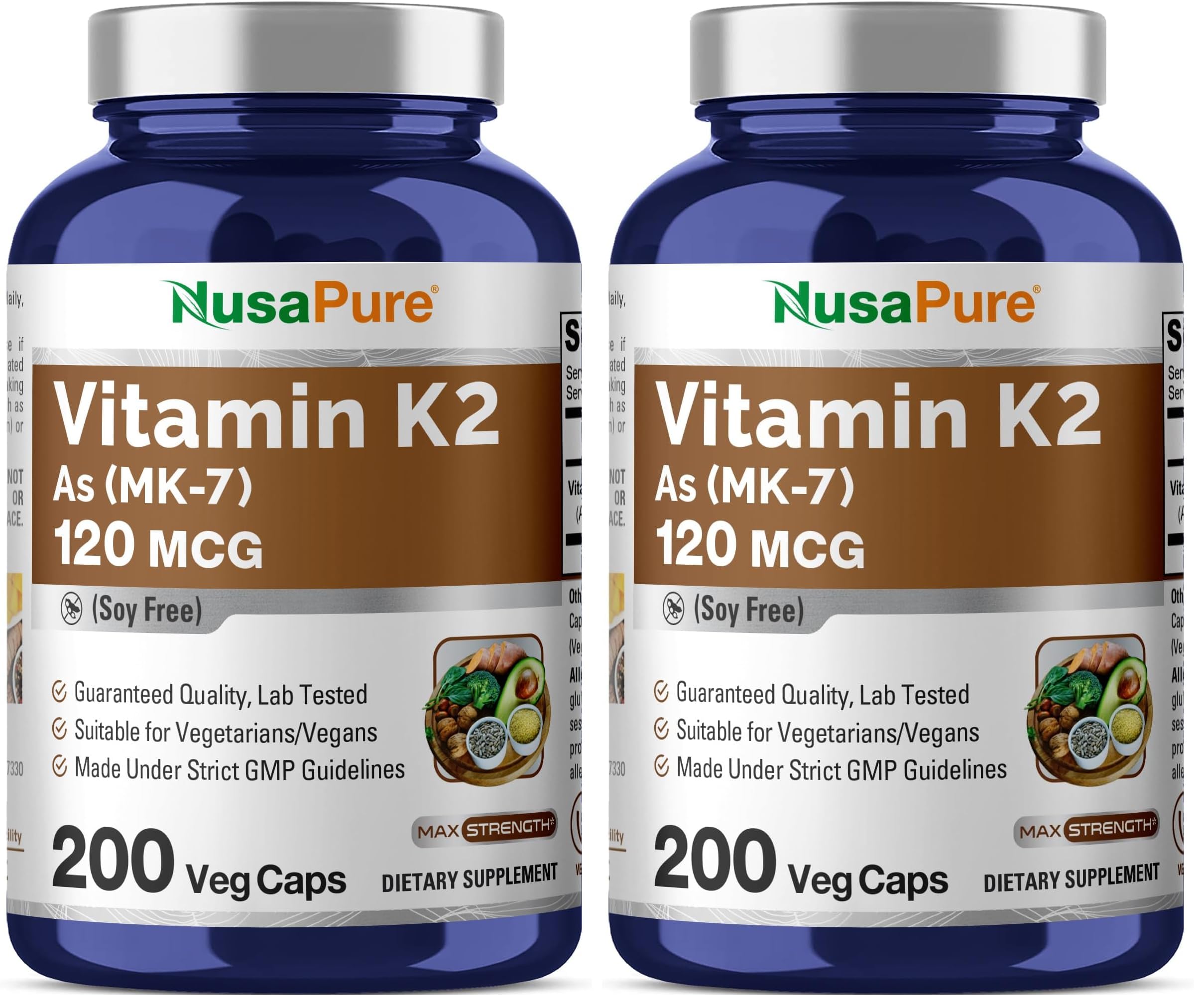 NusaPure Vitamin K2 MK-7 120 mcg – 200 Veggie Caps (Soy Free, Non-GMO, Vegan) Pack of 2