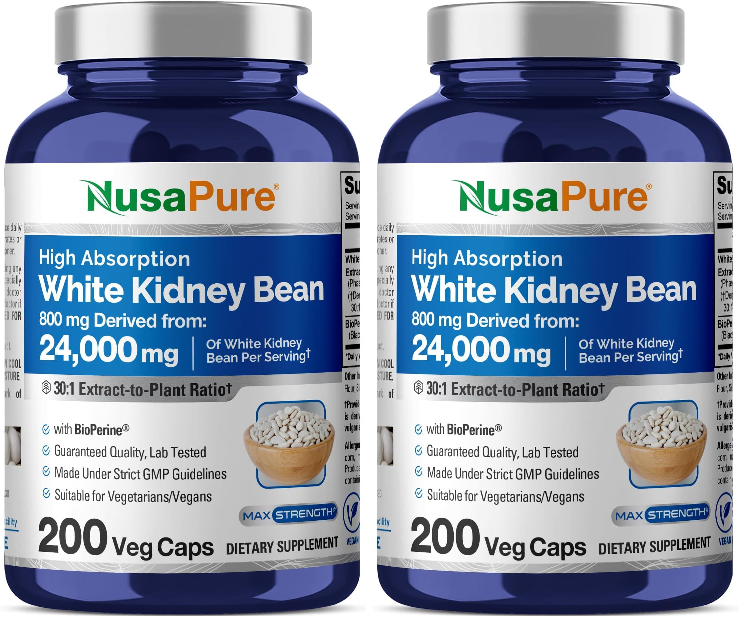 NusaPure White Kidney Beans 30:1 Extract – 24,000 mg Equivalent, 200 Vegan Capsules (Pack of 2)