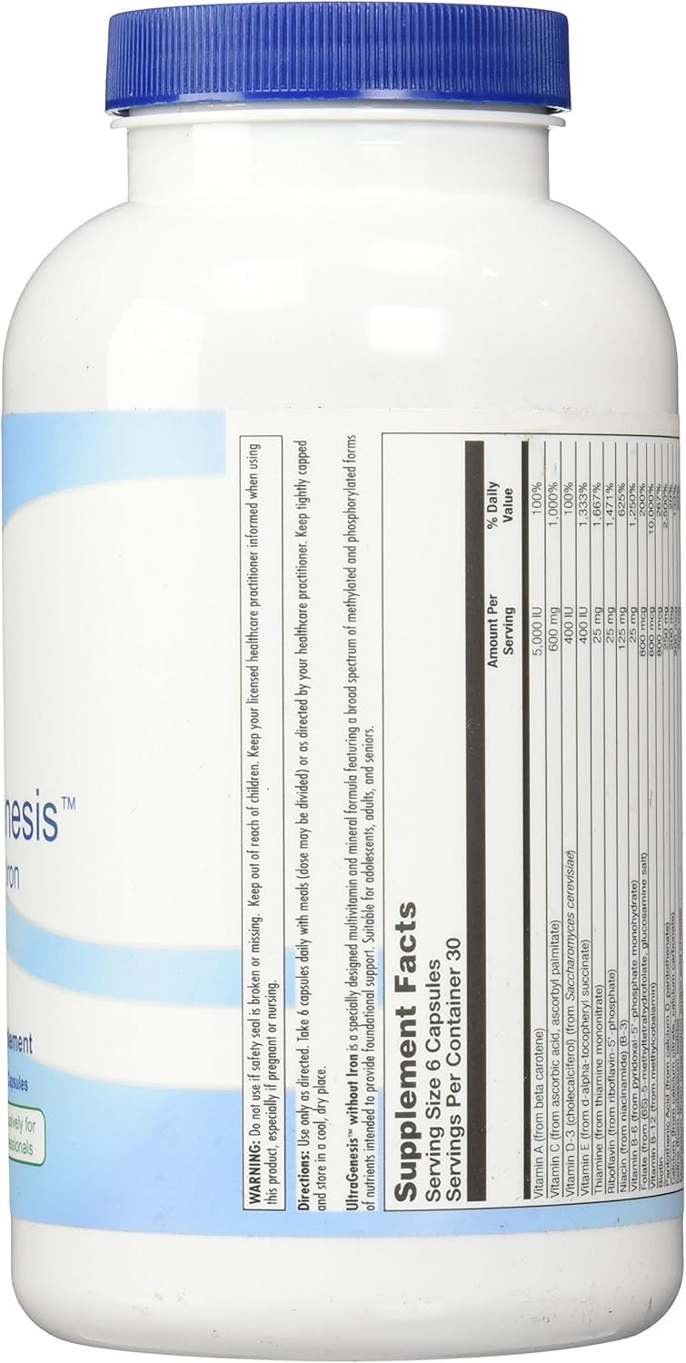 UltraGenesis Iron-Free Multivitamin for Women & Men – Immune Support for 50+ | Plant-Based 180 Vegan Capsules