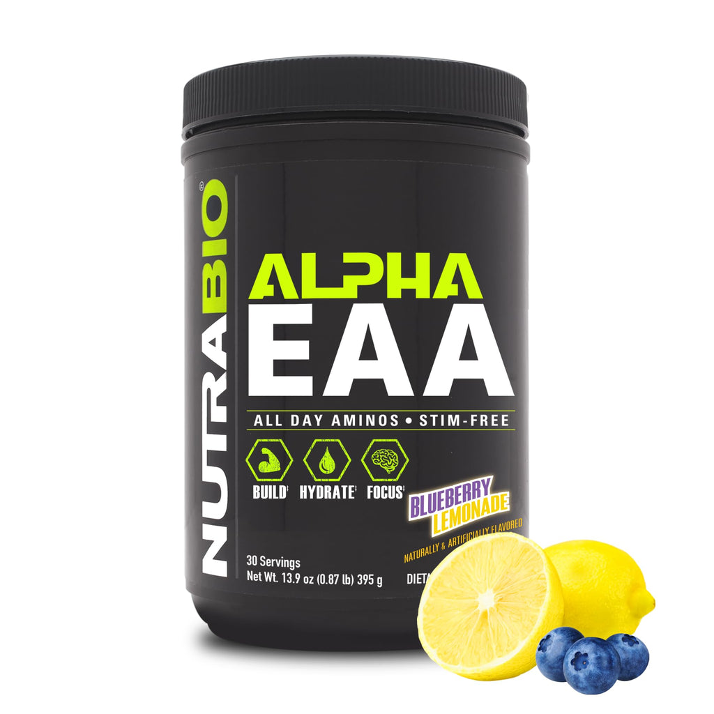 NutraBio Alpha EAA – All-Day Essential Amino Acids with Nootropics & Adaptogens | 30 Servings, Blueberry Lemonade