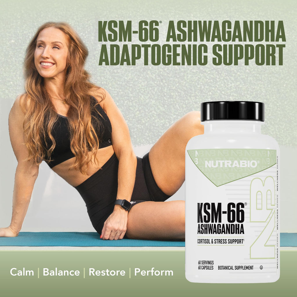 NutraBio Ashwagandha KSM-66 – Ashwagandha Herbal Supplement for Stress, Mood & Performance | 600 mg, 60 Capsules