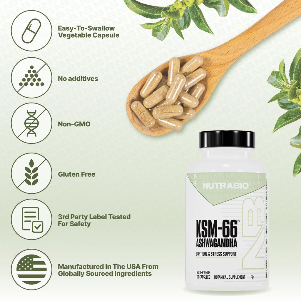 NutraBio Ashwagandha KSM-66 – Ashwagandha Herbal Supplement for Stress, Mood & Performance | 600 mg, 60 Capsules