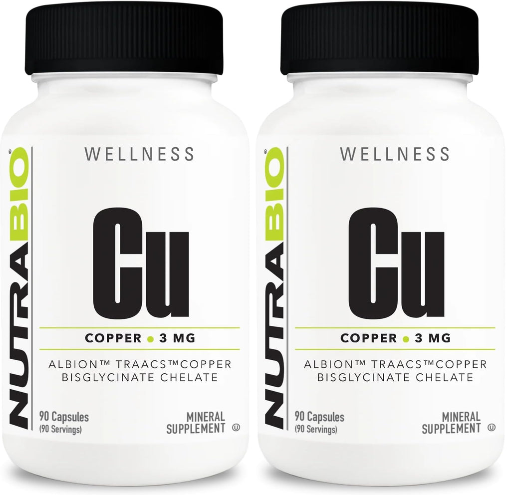 NutraBio Chelated Copper Bisglycinate (3mg) – Immune Support, 90 Capsules (2-Pack)