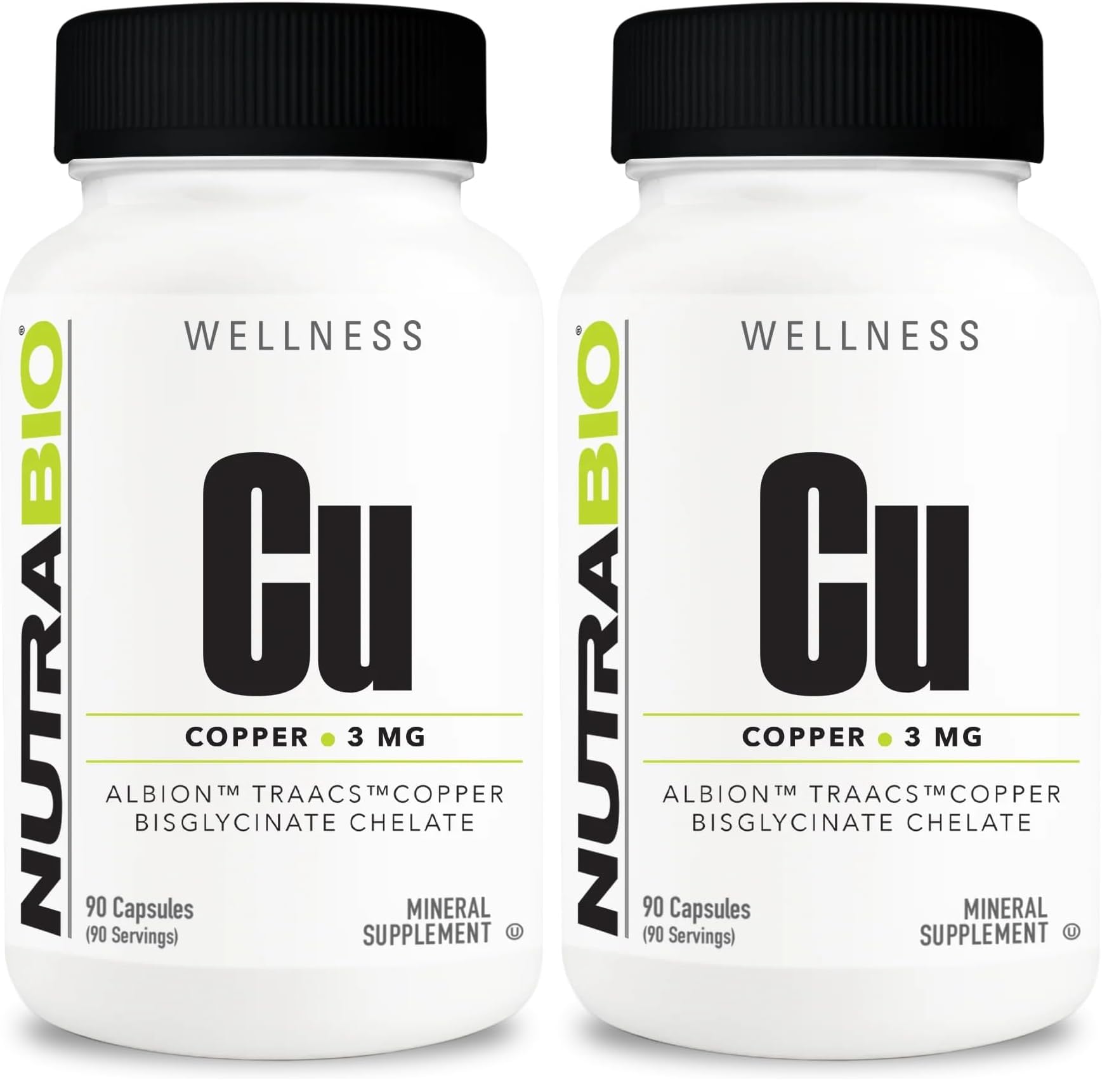 NutraBio Chelated Copper Bisglycinate (3mg) – Immune Support, 90 Capsules (2-Pack)