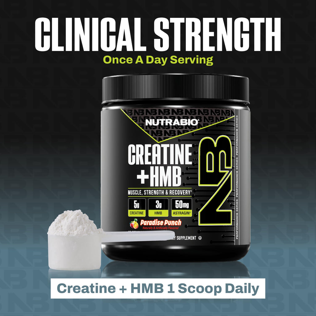 NutraBio Creatine + HMB Powder – Creatine Monohydrate + HMB (Paradise Punch) 30 Servings