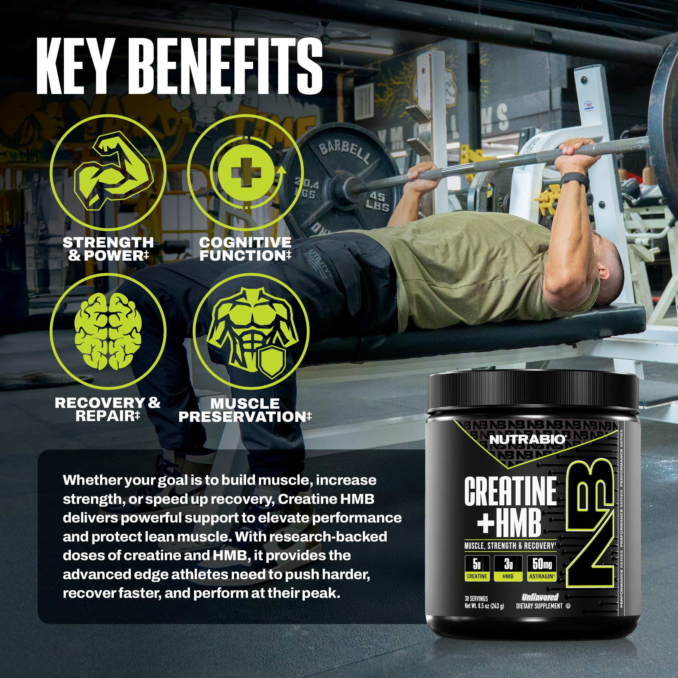 NutraBio Creatine + HMB – Creatine Monohydrate with HMB Powder for Muscle Growth & Strength, 30 Servings (Unflavored)