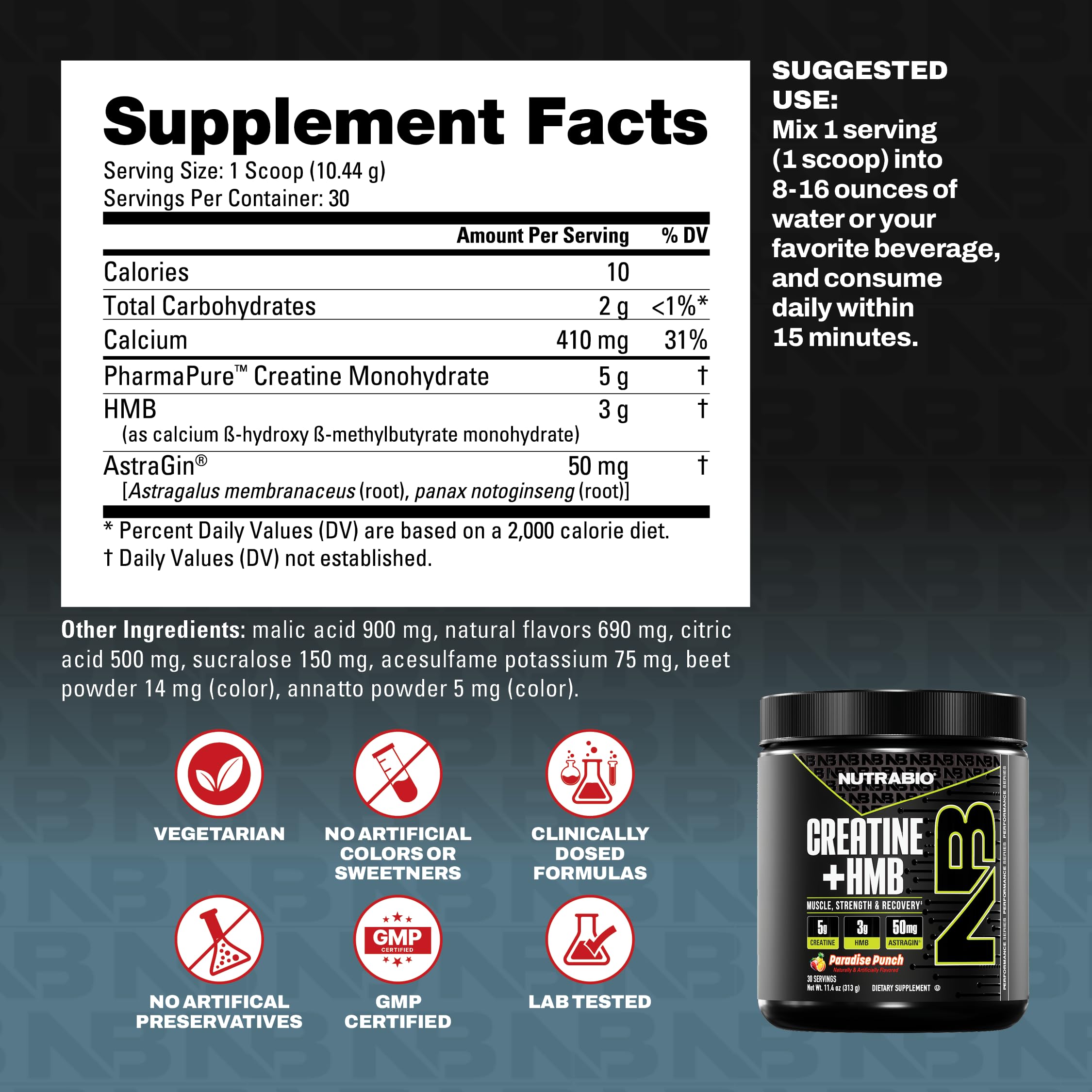 NutraBio Creatine + HMB Powder – Creatine Monohydrate + HMB (Paradise Punch) 30 Servings