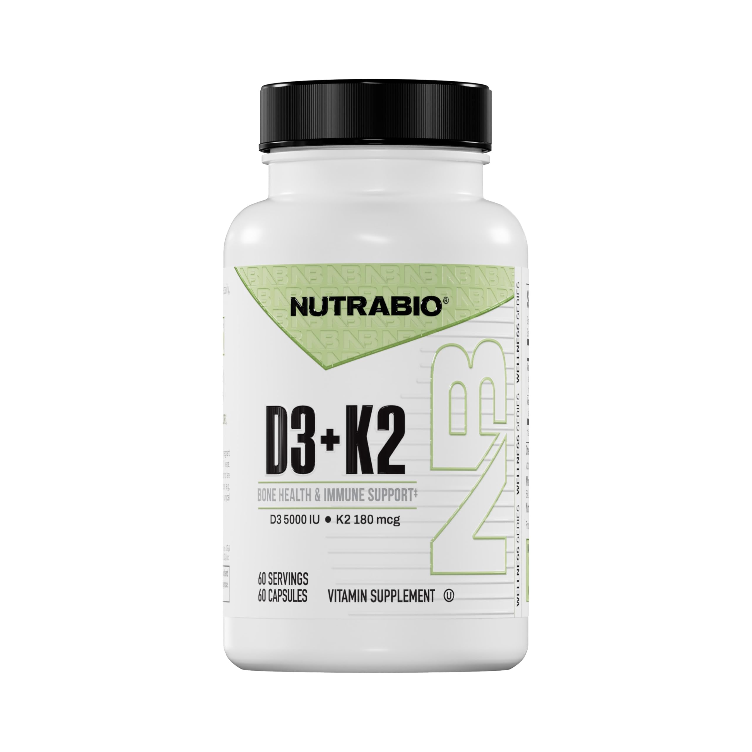 NutraBio Vitamin D3 K2 5000 IU | D3 + MK7 (180 mcg) for Bone & Heart Health | 60 Veg Caps