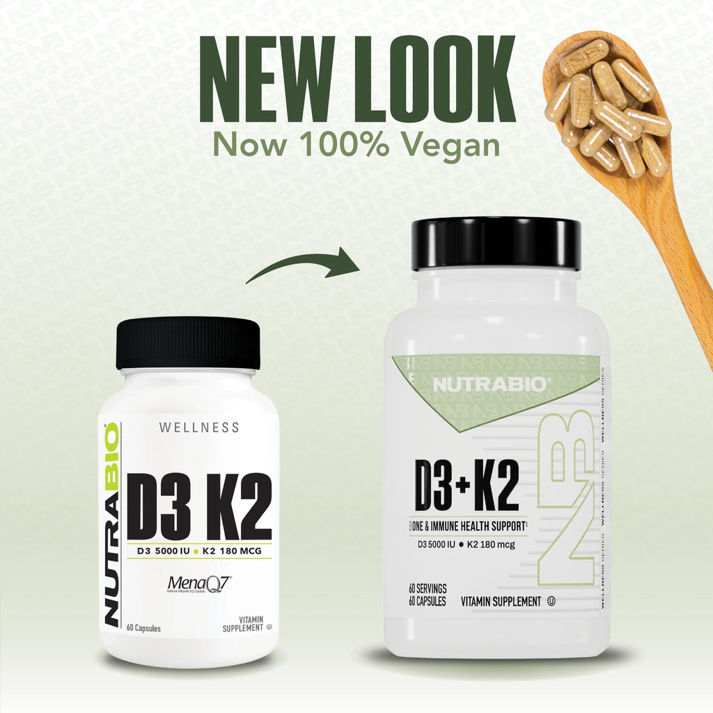 NutraBio Vitamin D3 K2 5000 IU | D3 + MK7 (180 mcg) for Bone & Heart Health | 60 Veg Caps