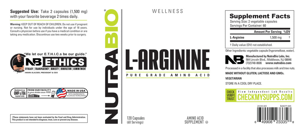 NutraBio L-Arginine 750mg – Nitric Oxide & Muscle Support (240 capsules)