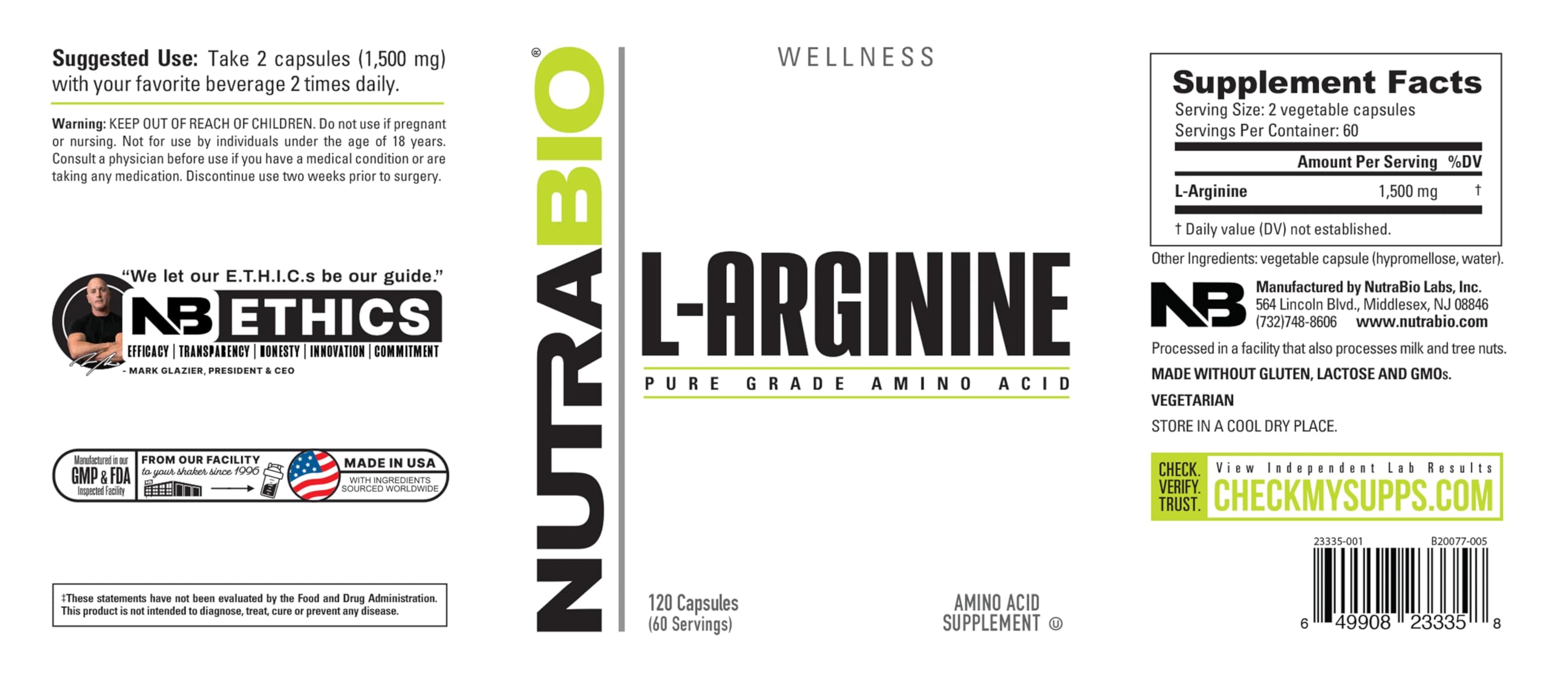 NutraBio L-Arginine 750mg – Nitric Oxide & Muscle Support (240 capsules)