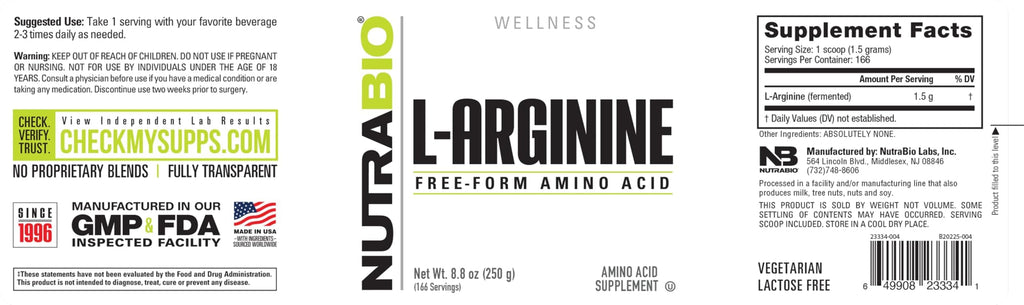 NutraBio L-Arginine Supplement, 750mg – Nitric Oxide Precursor, Supports Blood Flow, Vascular Health & Muscle Growth (250g)
