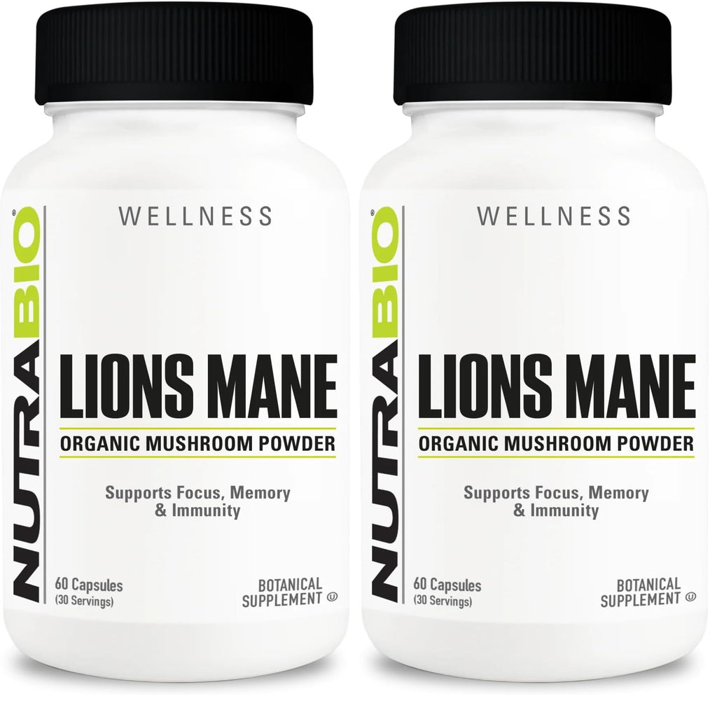 NutraBio Lions Mane Supplement Capsules- Organic Lion's Mane Mushroom Powder (500mg)- Focus, Memory, Immunity - 60 Vegetable Capsules (Pack of 2)