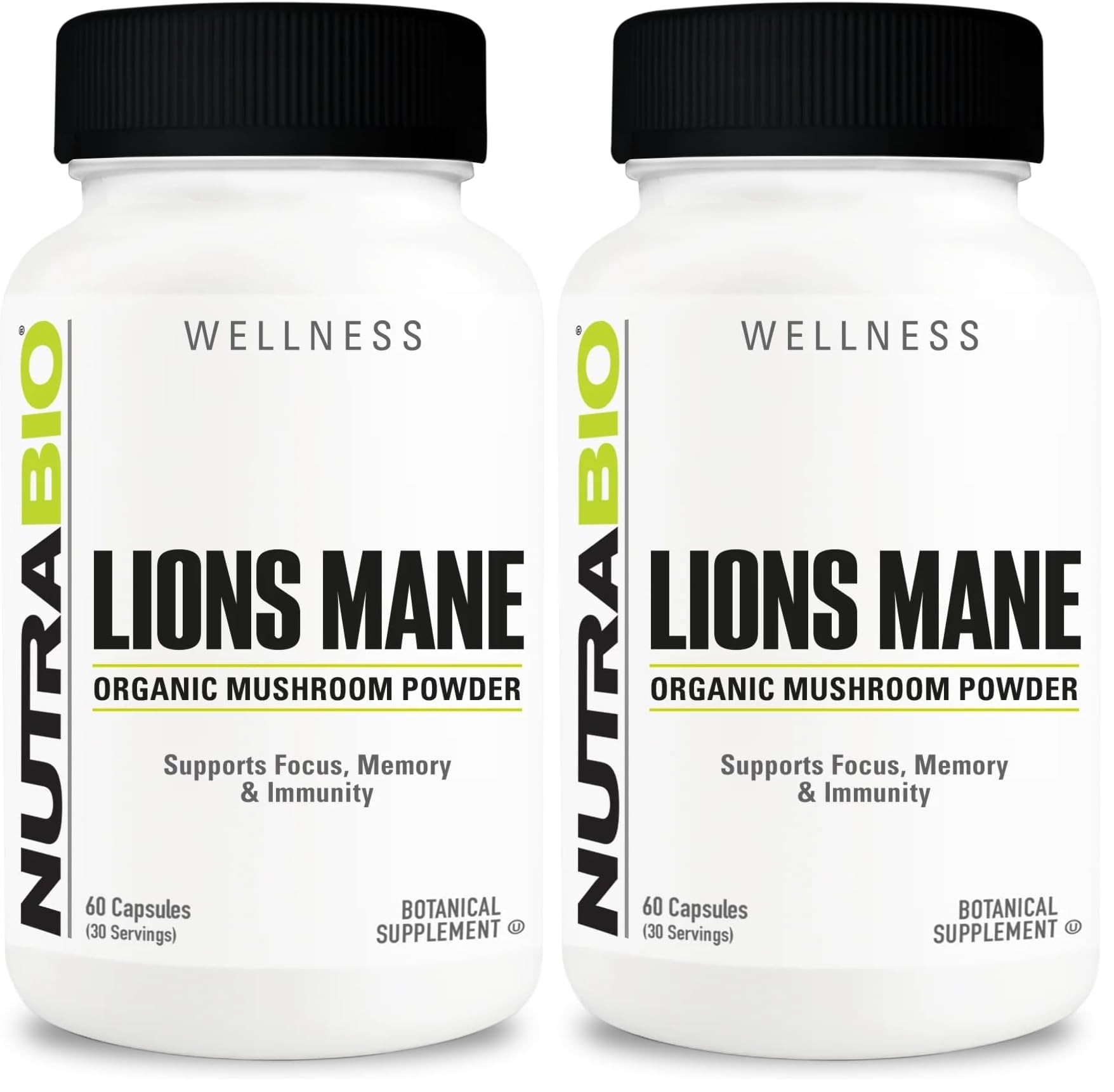 NutraBio Lions Mane Supplement Capsules- Organic Lion's Mane Mushroom Powder (500mg)- Focus, Memory, Immunity - 60 Vegetable Capsules (Pack of 2)