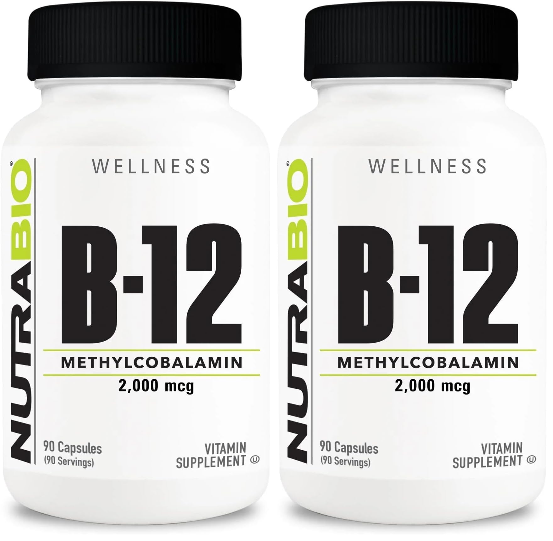 NutraBio Methyl B-12 Vitamin Supplement 2000mcg – 90 Veg Capsules (Pack of 2)