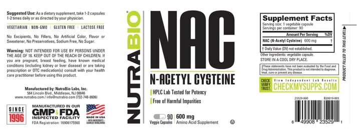 NutraBio NAC (N-Acetyl Cysteine) 600mg – 90 Capsules | Immune Support