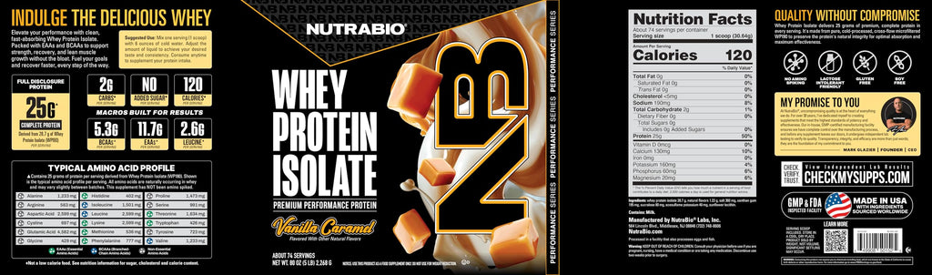 NutraBio 100% Whey Protein Isolate – 25g Protein, Complete Amino Acid Profile, Non-GMO, Soy & Gluten Free, Low Carb, Vanilla Caramel, 5 Lbs
