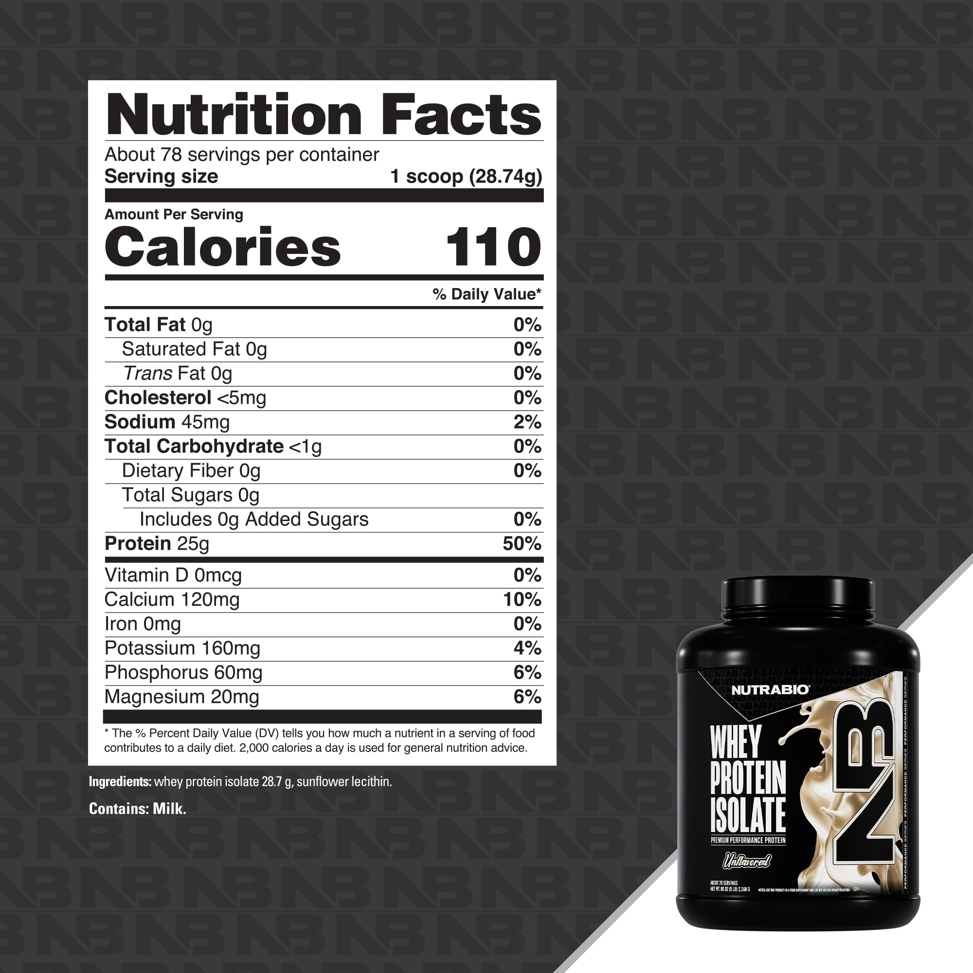 NutraBio 100% Whey Isolate Protein Powder – 25g Protein per Serving, Non-GMO, Gluten & Soy Free, Low Carb & Low Calorie, 5 Lbs (Raw Unflavored)