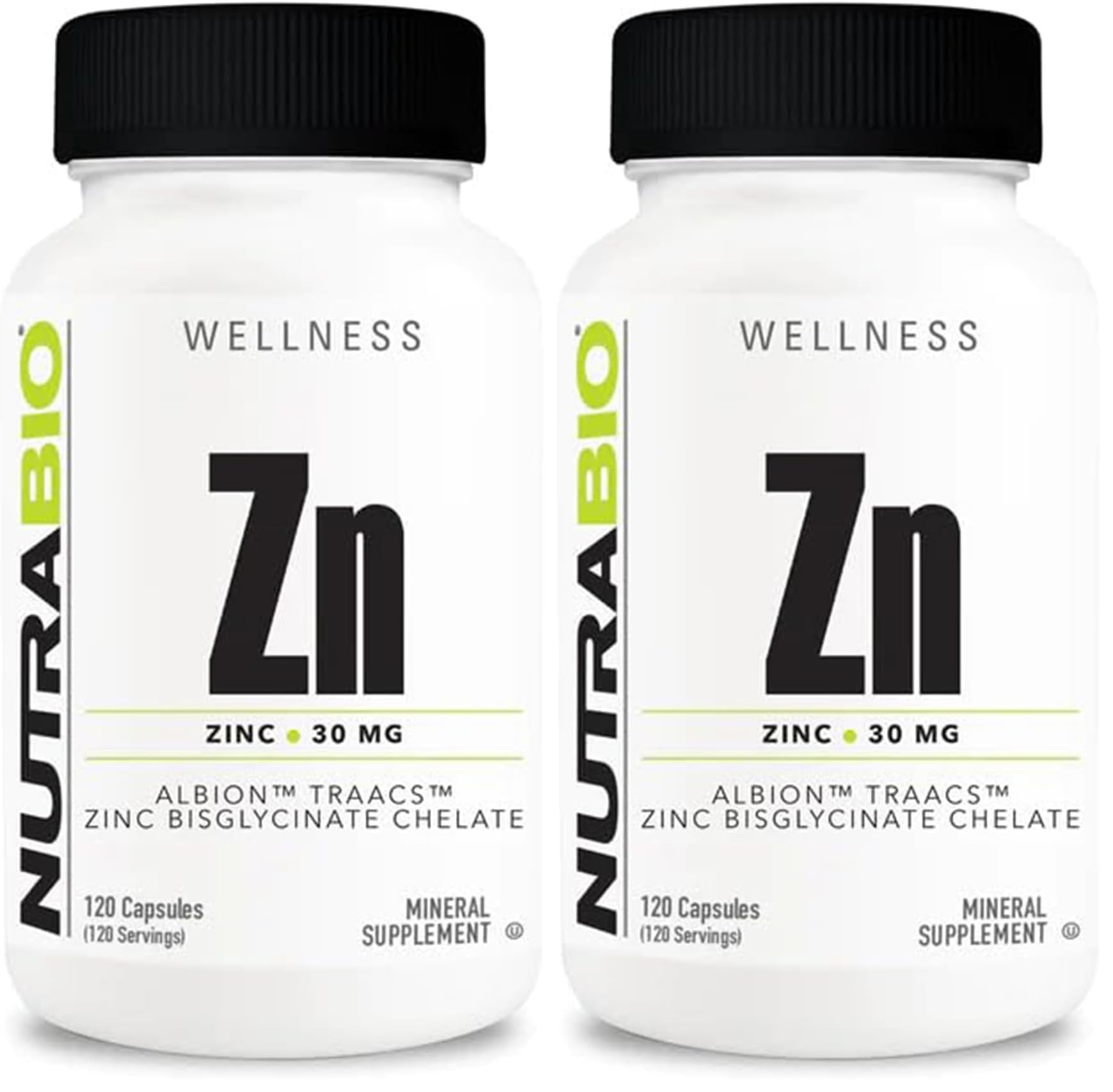 NutraBio Zinc Chelate Mineral Supplement – 30 mg Zinc per Capsule, Albion Zinc Bisglycinate, 120 Veg Capsules (Pack of 2)