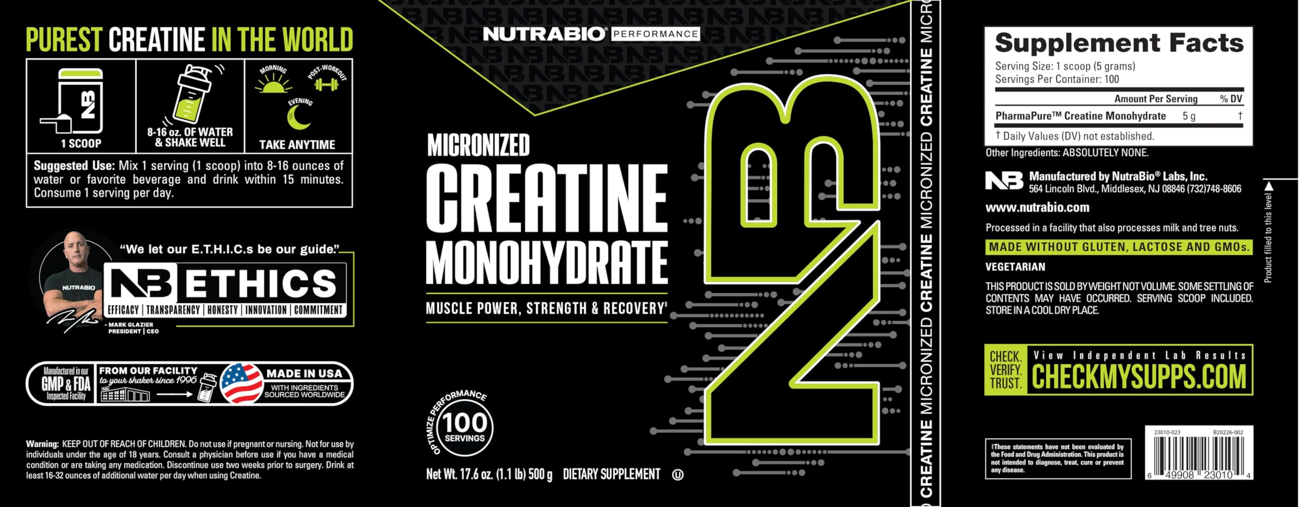 NutraBio Pure Micronized Creatine Monohydrate Powder – Unflavored, 500 g