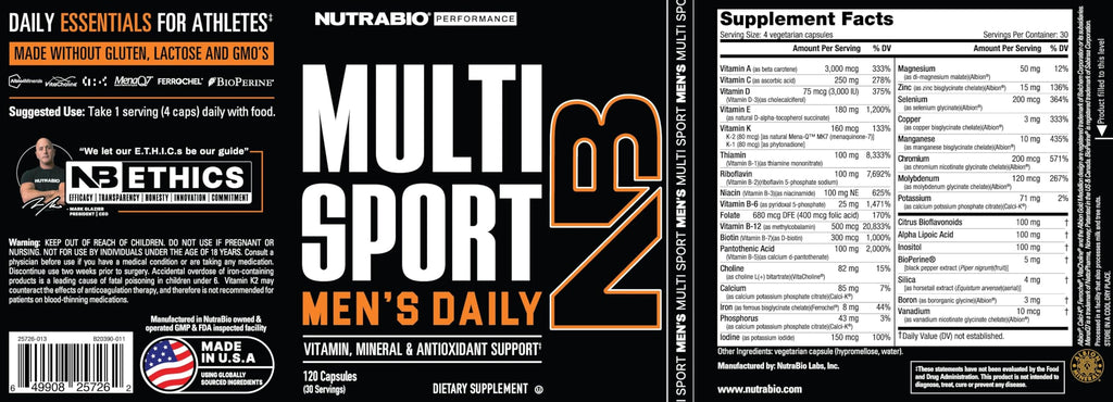 NutraBio Multisport for Men – Men's Multivitamin with 33 Vitamins & Minerals