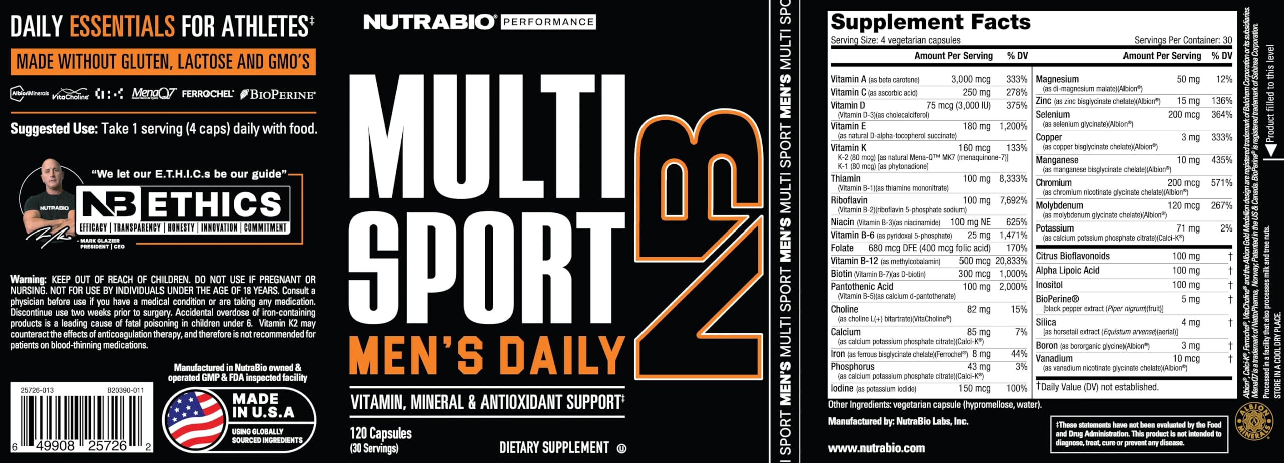 NutraBio Multisport for Men – Men's Multivitamin with 33 Vitamins & Minerals