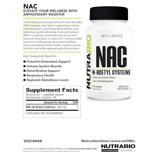 NutraBio NAC 600mg - 90 Capsules (Pack of 2) | Immune Support & Glutathione Boost