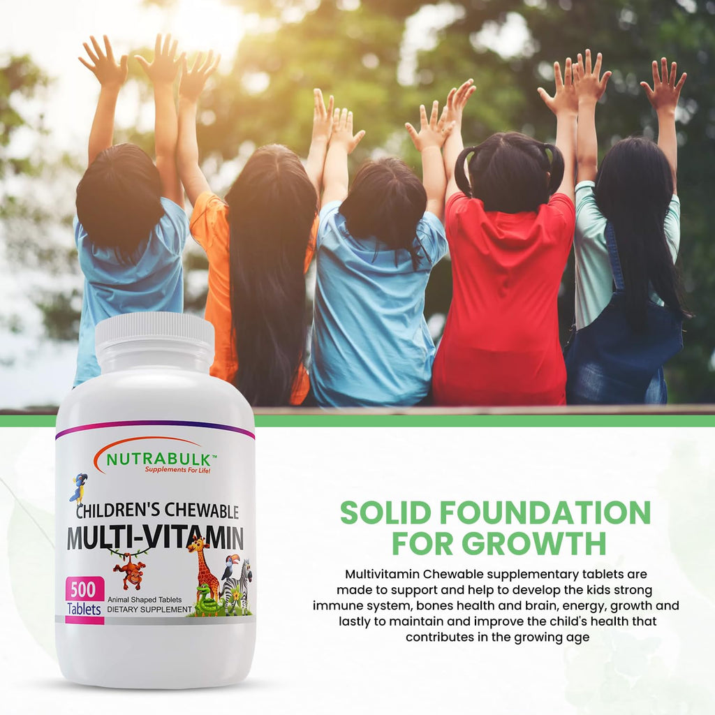 NutraBulk Children's Chewable Multivitamins – USA-Made, Vegan, Gluten Free | Immune, Bone & Brain Support (500 Cherry Tablets)