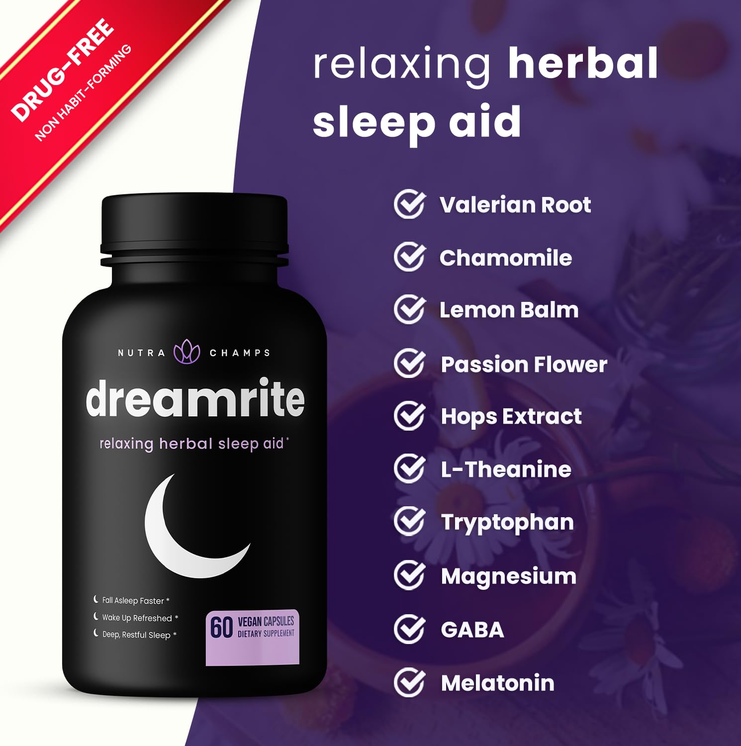 NutraChamps 10-in-1 Natural Sleep Aids for Adults – Melatonin, Lemon Balm, Chamomile, Valerian