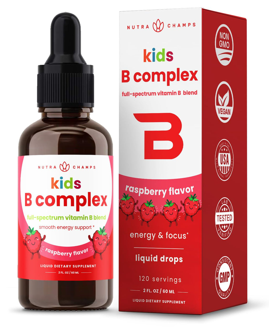 NutraChamps Vitamin B Complex for Kids | B1 B2 B3 B6 B7 B9 & Methyl B12 | Natural Berry Liquid Drops | 120 Servings