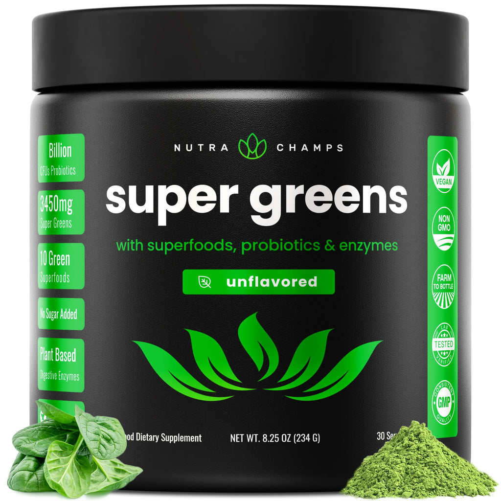 NutraChamps Super Greens Powder – Premium 9.0 oz Unflavored | 20+ Organic Greens, Spirulina & Chlorella