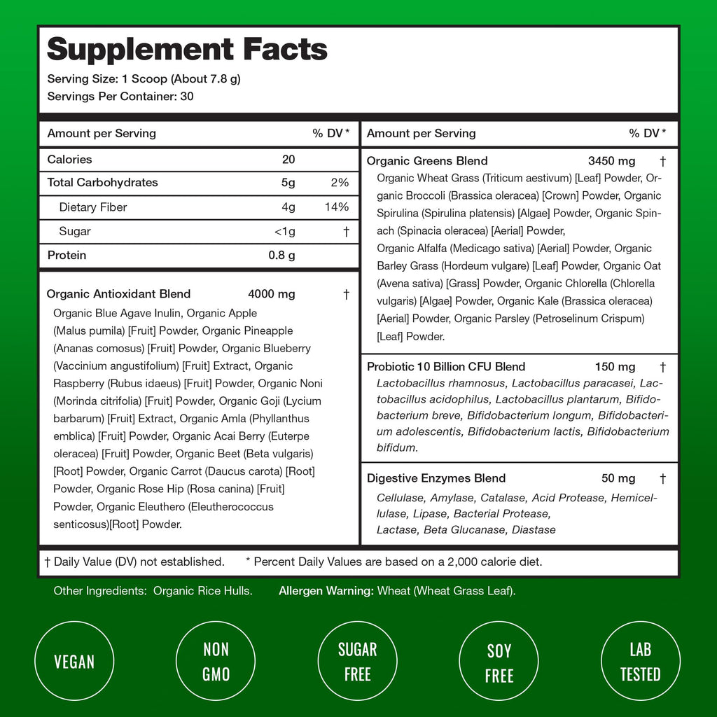 NutraChamps Super Greens Powder – Premium 9.0 oz Unflavored | 20+ Organic Greens, Spirulina & Chlorella