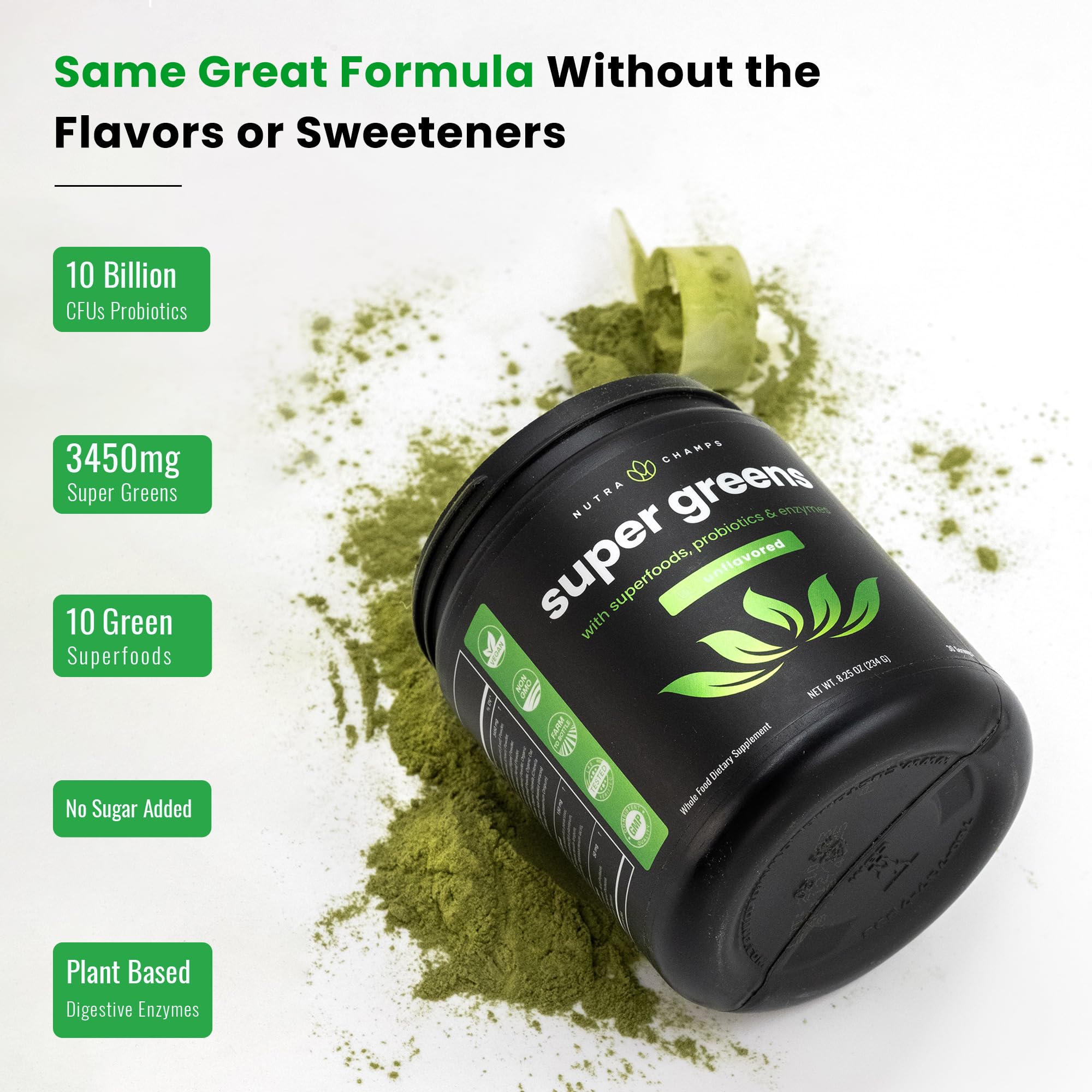 NutraChamps Super Greens Powder – Premium 9.0 oz Unflavored | 20+ Organic Greens, Spirulina & Chlorella
