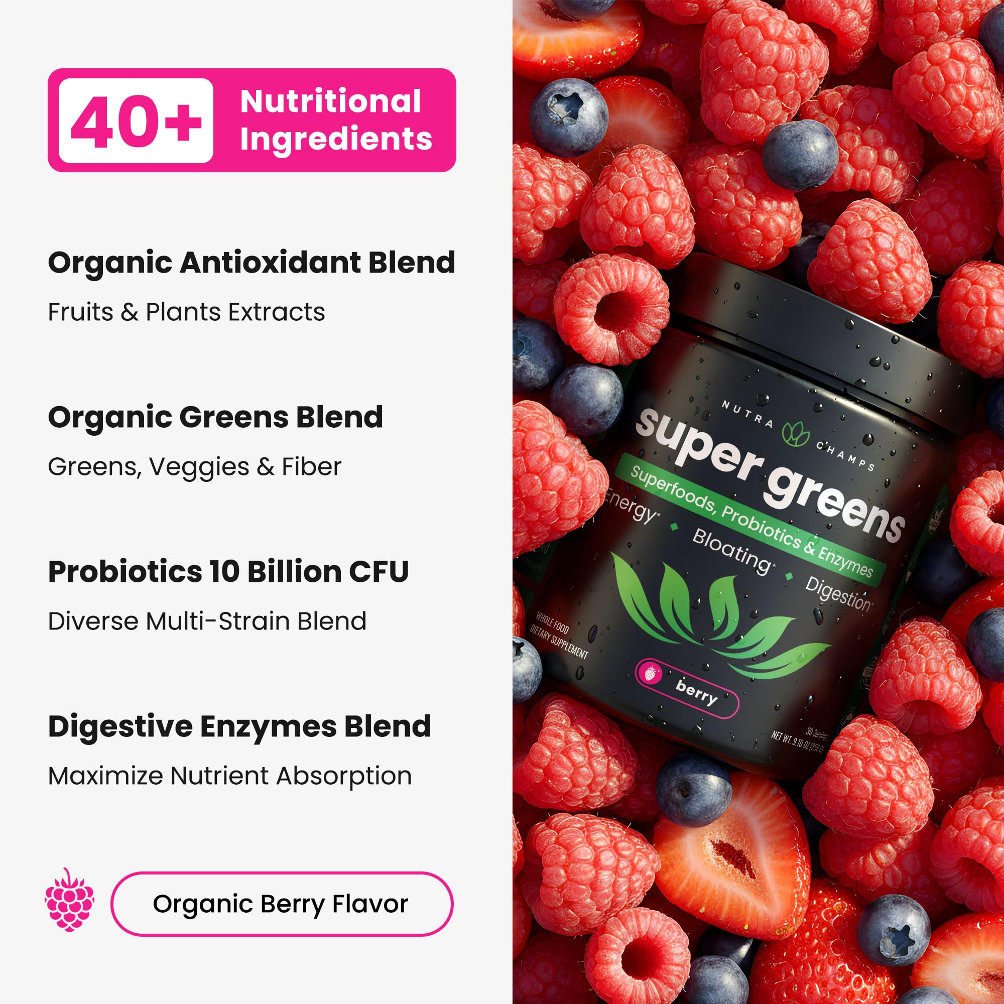 NutraChamps Super Greens Powder Berry 9.0 oz – Premium Organic Green Superfood with Probiotics