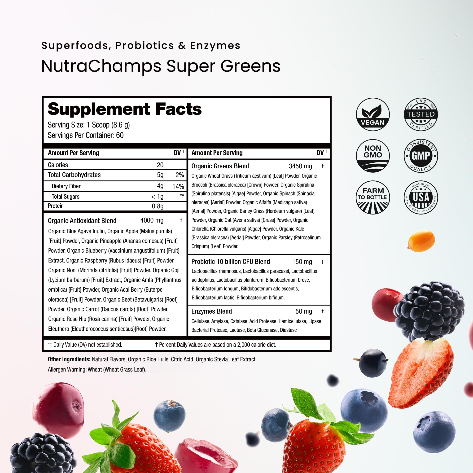 NutraChamps Super Greens Powder Berry 9.0 oz – Premium Organic Green Superfood with Probiotics