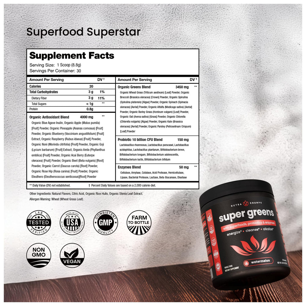 NutraChamps Super Greens Powder Premium Superfood | 20+ Organic Greens & Probiotic Blends | Watermelon