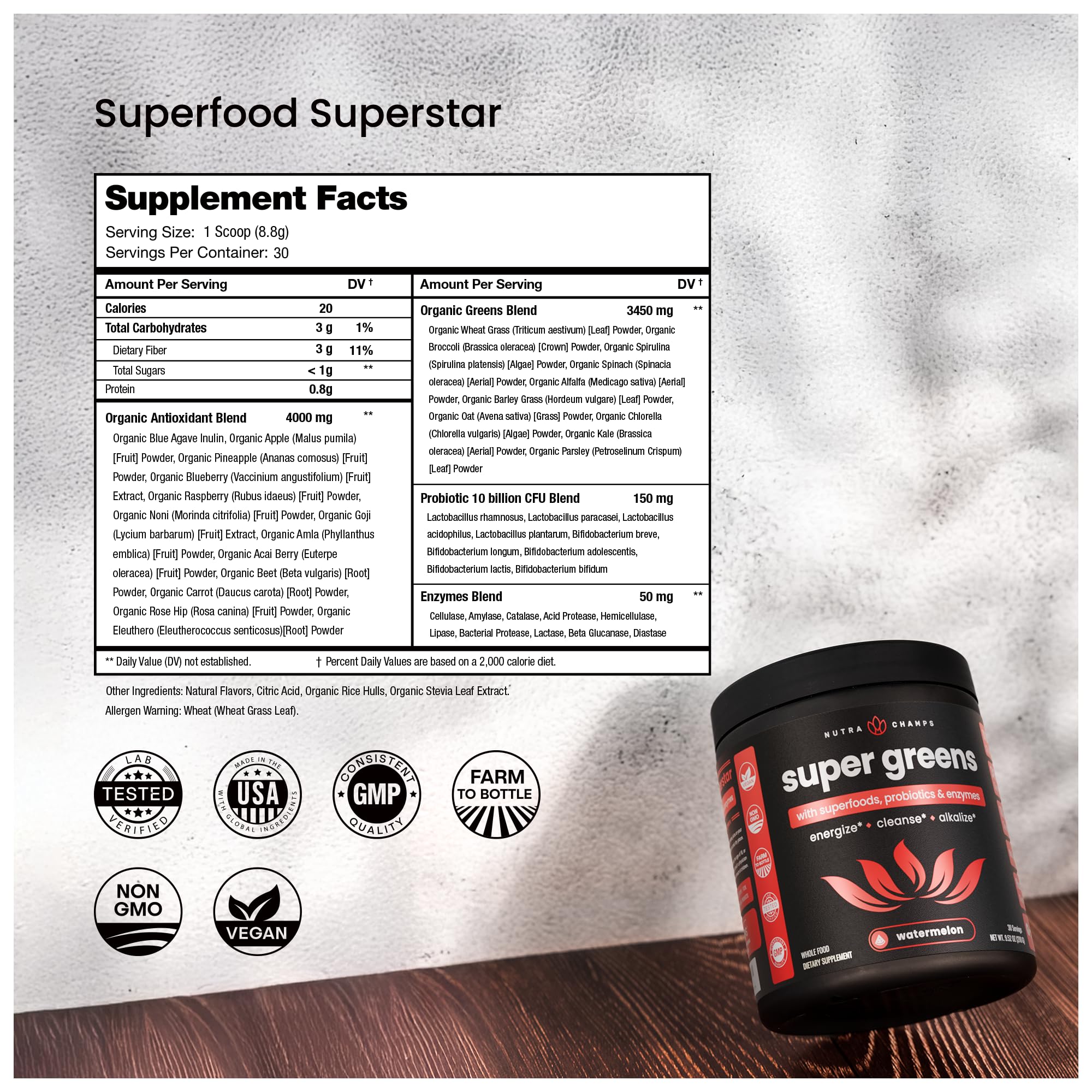 NutraChamps Super Greens Powder Premium Superfood | 20+ Organic Greens & Probiotic Blends | Watermelon