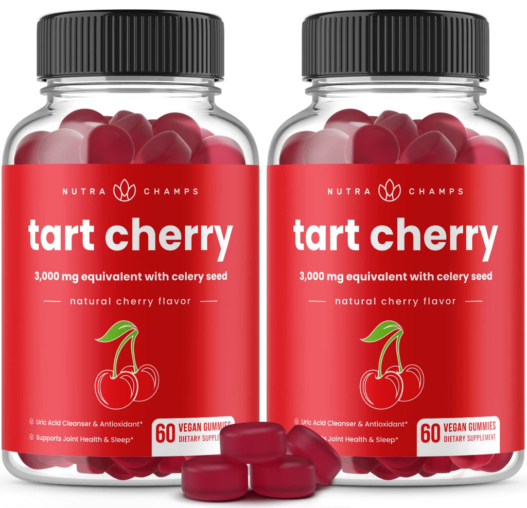 NutraChamps Tart Cherry Gummies - 3000mg Tart Cherry Extract + Celery Seed (60 Vegan Gummies) - Uric Acid Cleanse, Joint & Sleep Support
