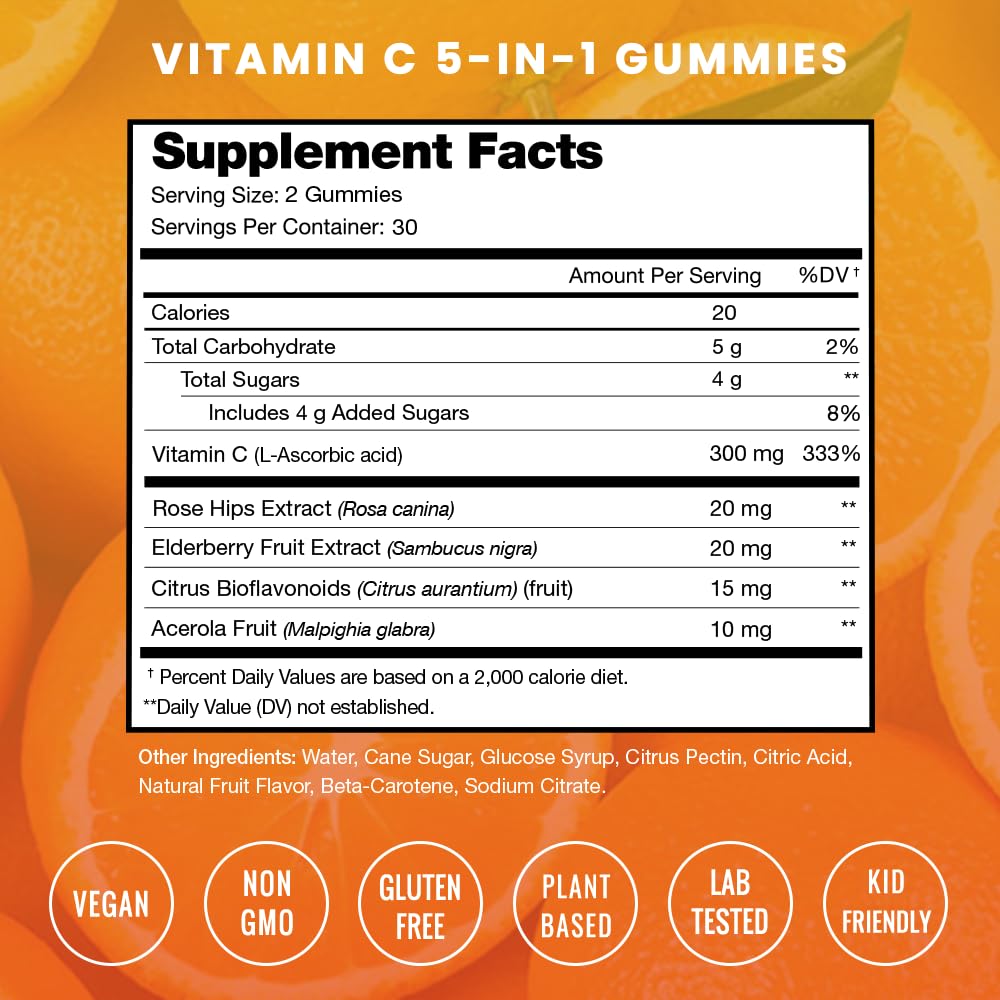 NutraChamps Vitamin C Gummies for Adults & Kids – 5-in-1 Immune Support