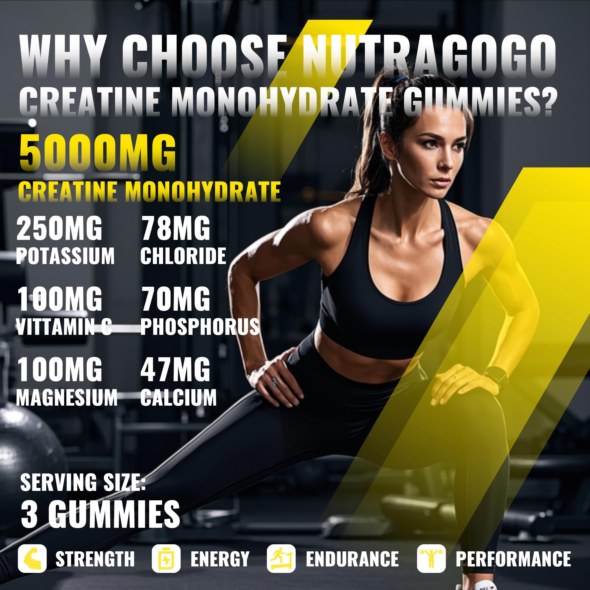 NUTRAGOGO Creatine Monohydrate Gummies – 5g per Serving, Sugar Free, Vegan | Pineapple Electrolyte Chews, 135 Count