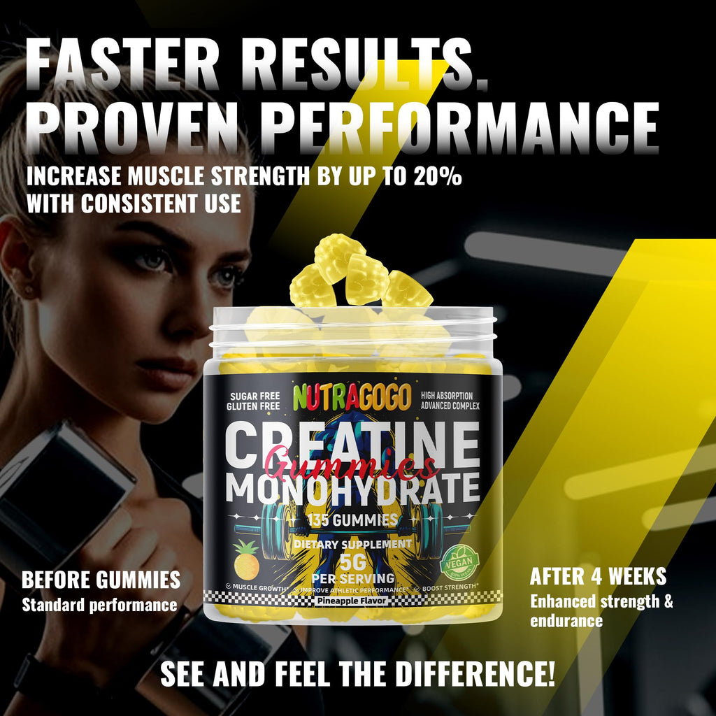 NUTRAGOGO Creatine Monohydrate Gummies – 5g per Serving, Sugar Free, Vegan | Pineapple Electrolyte Chews, 135 Count