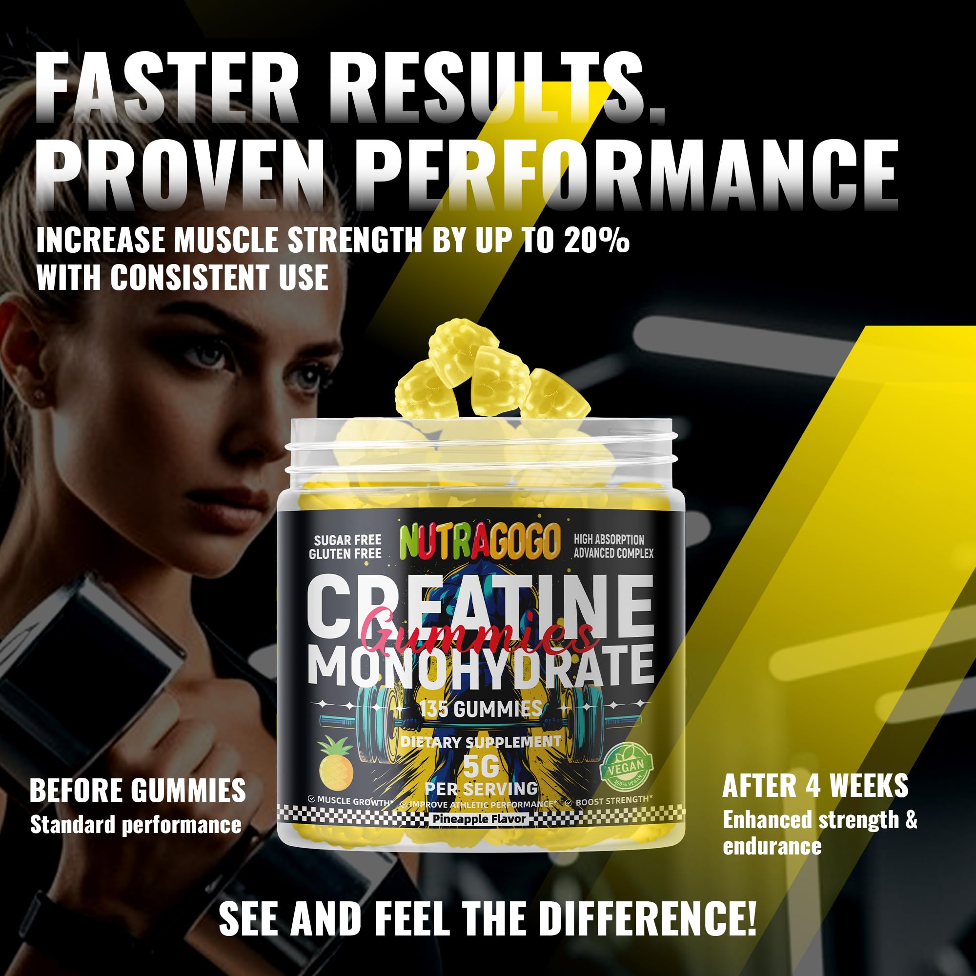 NUTRAGOGO Creatine Monohydrate Gummies – 5g per Serving, Sugar Free, Vegan | Pineapple Electrolyte Chews, 135 Count